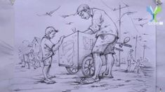 a drawing of two men pushing a cart with birds flying around it and another man standing next to the cart