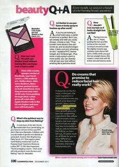 an article in the beauty q - a magazine features a woman with blonde hair and bright pink eyeshadow