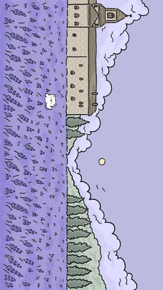 a drawing of a tower on top of a building next to the ocean and clouds