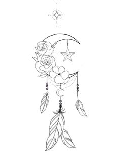 a drawing of a crescent with flowers and stars