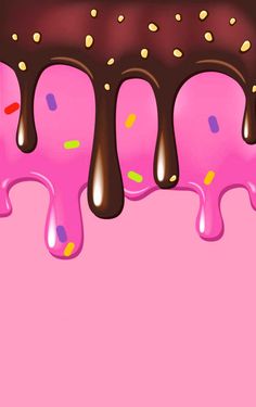 a pink background with chocolate and sprinkles