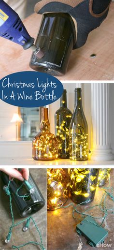 Display Christmas lights in a whole new, non-traditional way this year - in wine bottles! An LED light string can transform the wine bottle display into a lasting and useful memento! Wine Bottle Project, Wine Bottle Display, Jars Diy, Empty Wine Bottles, Diy Lampe, Wine Craft, Bottle Display, Wine Bottle Diy Crafts