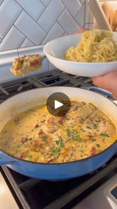 two bowls of food are being cooked on the stove