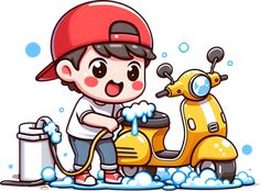 a boy washing his motor scooter in the shower with soap and water illustration