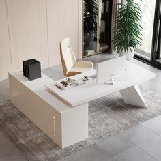 an office desk with a computer on it and a plant in the corner next to it