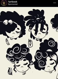 three black and white illustrations of women's hair with curly locks, one in the middle