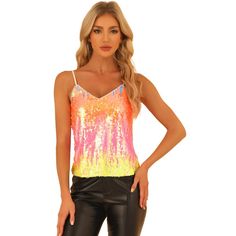 A classic cami that's elevated by modern embellished detailing. Sequins are the main feature of this sleeveless wardrobe. A simple vest is given a striking update with a sequin overlay, with a V-front for a flattering shape which is perfect to pair with the coordinating sequin skirt for a festive ensemble or on its own with trousers and heeled boots. Perfect for adding sparkles to this season, complete the look with leather leggings and a matching jacket. Except for gold, the tops of other color Glamorous Party Camisole Tank Top, Glamorous Tank Top For Party Season, Party Sleeveless Camisole, Glamorous Sleeveless Camisole For Party Season, Trendy Party Cami Top, Glamorous Tank Camisole For Parties, Glamorous Camisole Top For Party Season, Trendy Cami Top For Party, Trendy Camisole Top For Party