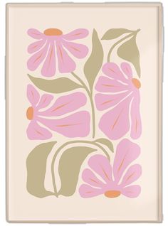 a pink and beige flower print on a white background with green leaves in the center