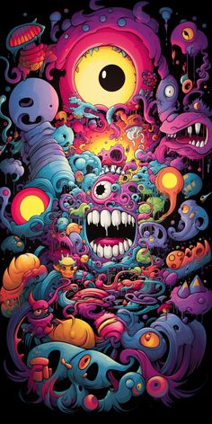 an image of a poster with monsters and other things on the screen, including a black background