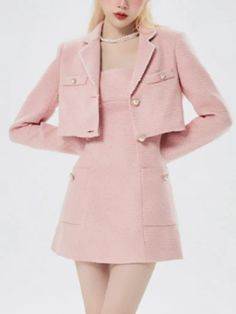 Product Show： Coat S Bust 88cm Shoulder 39cm length 32cm Waist 64cm Sleeve 59cm M Bust 92cm Shoulder 40cm length 33cm Waist 67cm Sleeve 60cm L Bust 96cm Shoulder 41cm length 34cm Waist 70cm Sleeve 61cm XL Bust 100cm Shoulder 42cm length 35cm Waist 73cm Sleeve 62cm Dress S Bust 80cm Shoulder 32cm Length 76cm Waist 60cm M Bust 84cm Shoulder 33cm Length 77.5cm Waist 64cm L Bust 88cm Shoulder 34cm Length 79cm Waist 68cm XL Bust 92cm Shoulder 35cm Length 80.5cm Waist 72cm Cute Fitted Beige Set, Elegant Mini Length Sets For Spring, Elegant Mini Length Spring Sets, Elegant Pink Winter Sets, Cute Fitted Sets With Buttons, Sweet Long Sleeve Mini Dress, Cute Pink Mini Dress For Fall, Woman Code, Pink Korean