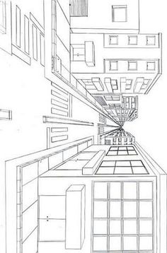 a line drawing of an alley way in the city