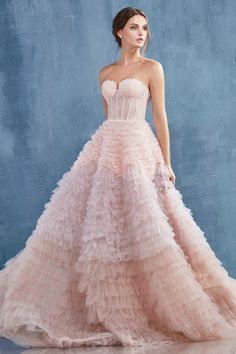 Blush Evening Gown, Delicate Wedding Dress, Ombre Skirt, Andrea And Leo, Ruffled Gown, Corset Gown, Strapless Sweetheart Neckline, Lace Corset, Ruffle Skirt