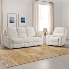 a living room with two white recliners and a beige rug on the floor