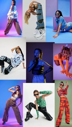 many different pictures of women in various outfits and colors, all with their hands on their hips