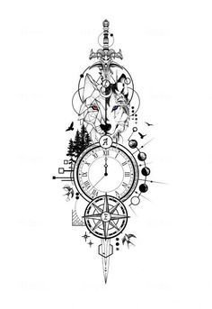 a drawing of a clock with different things on it's face and trees in the background