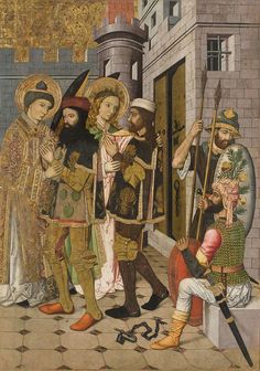 an old painting with people dressed in medieval clothing