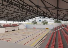 an indoor basketball court with red seats and yellow lines on the floor is shown in this rendering