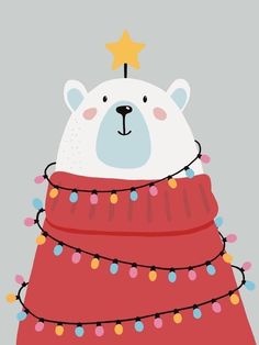 a polar bear wearing a red sweater with christmas lights on it