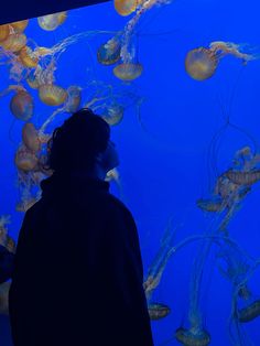 a man standing in front of a blue wall with lots of jellyfish on it