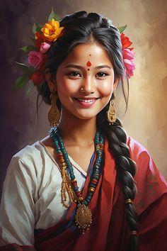 an oil painting of a woman with braids and flowers in her hair smiling at the camera