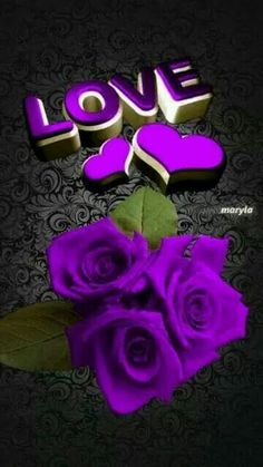 purple roses and the word love spelled in 3d letters