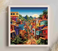 a painting on the wall of a city with colorful houses and mountains in the background