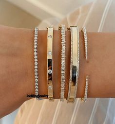 "Half Way Single Prong Bangles, Flush Setting Wedding Bracelet, Trendy Trapped Baguette Simulated Diamond Bangle, Two Row & Claw Cuff Bangle *All Bangles Are Half Way* ❤ Item Information ❤ ✎ All Stone's Color/Clarity: DEF/VVS ✎ All Stone Quality: A ⇨ 1st :-> ✎ Stone Shape: Round Cut ✎ Stone Size: 2.80 ⇨ 2nd :-> ✎ Stone Shape: Round Cut ✎ Stone Size: 3.50 mm ⇨ 3rd :-> ✎ Stone Shape: Baguette  ✎ Stone Size: 4X2X1.50mm ⇨ 4th :-> ✎ Stone Shape: Round Cut ✎ Stone Size: 1.20 mm ⇨5th :-> ✎ Stone Shape: Flush Setting, Bracelet Trendy, Unique Bangle, Cute Engagement Rings, Diamond Bangles Bracelet, Jewelry Accessories Ideas, Dope Jewelry, Stacked Jewelry, Bracelet Online