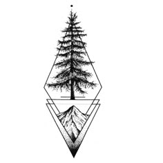 a black and white drawing of a pine tree with mountains in the background, surrounded by triangles