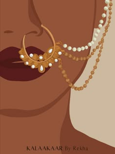 a woman with pearls on her neck wearing a gold necklace and earring that is attached to the side of her head