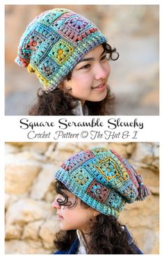 two photos of a woman wearing a crochet hat and scarf with the words square scramble slouchy written on it