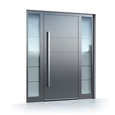 a modern steel door with glass panels