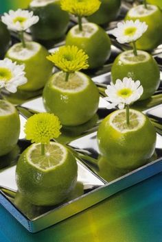 limes and daisies are arranged in small squares on a silver tray with mirrored surface