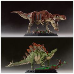 two pictures of the same dinosaur made out of legos