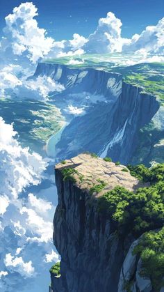 an anime landscape with mountains and clouds in the sky, as well as water below