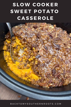 slow cooker sweet potato casserole in the crock pot with text overlay