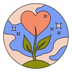 a heart shaped plant with stars in the sky and clouds behind it, on a circular background