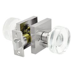 an image of a door handle with glass knobs on the front and back sides