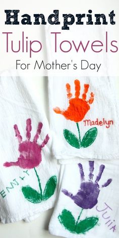 three towels with handprints on them that say happy mother's day