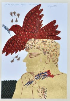 an image of a man with birds on his head and another bird in the background