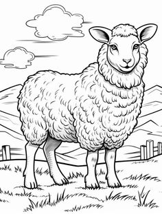 a sheep standing in the grass with mountains in the background coloring page for children and adults