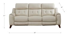 a white leather couch with measurements for it