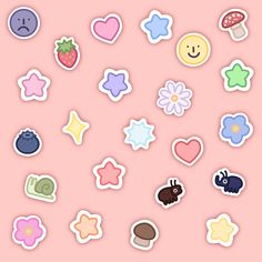 various stickers with different shapes and colors on a pink background, including hearts, stars,