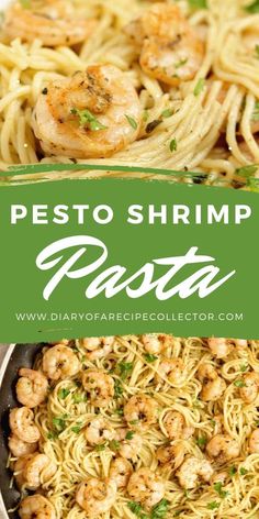 pesto shrimp pasta in a skillet with text overlay