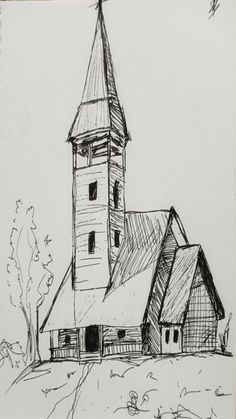 a drawing of a church with a steeple on it's side and trees in the background