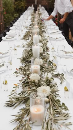 Tablescaping for wedding or engagement party Branches Wedding Decor, Engagement Party Table, Olive Decor, Branch Centerpieces Wedding, Olive Branch Wedding, Sicily Wedding, Olive Wedding, Wedding Tableware, White Roses Wedding