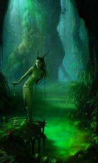 a painting of a woman standing on a dock in the middle of a swampy area