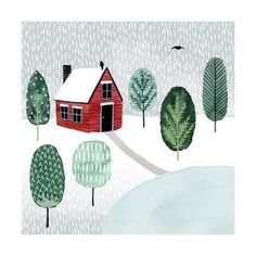 a red house surrounded by trees on a snowy day with birds flying over the roof