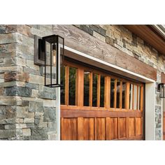 a close up of a wooden garage door