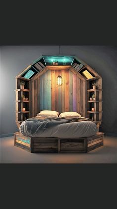 a bed that is made out of wood and has lights on the top of it