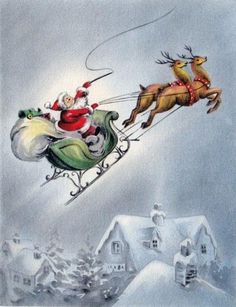 santa claus is riding in his sleigh and reindeers are flying over the town